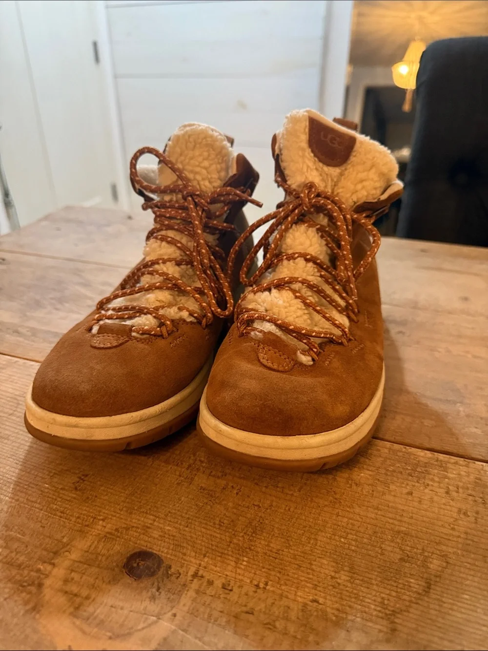 UGG Chestnut Suede Lace-Up Winter Boot with Shearling Trim